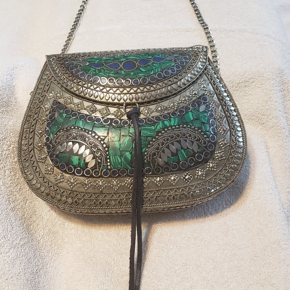 Sam Edelman Silver metal bag with Mosaic Green and Blue stones